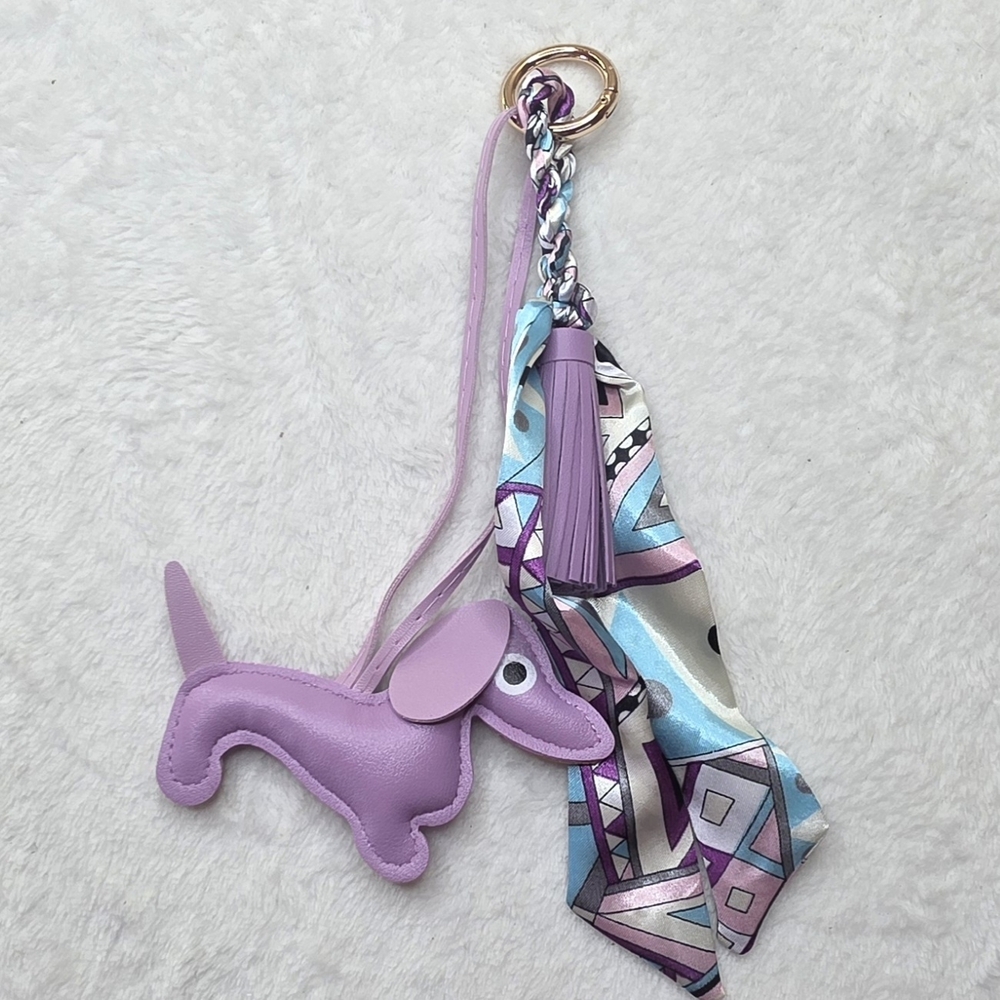 Chic Lavender Weiner Daschund Dog with Scarf Bag Charm Keychain